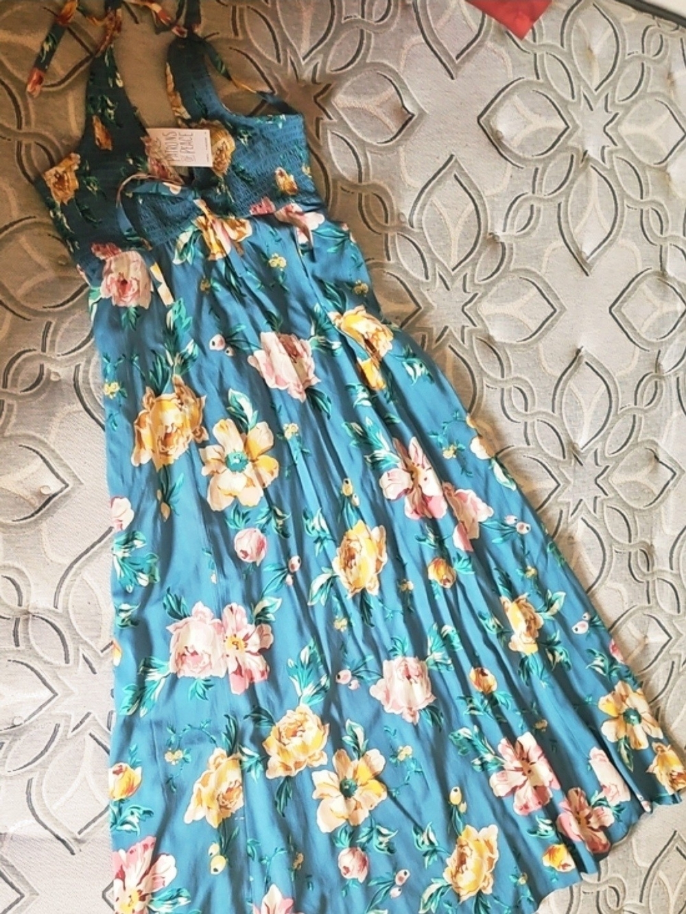 Patrons of Peace Teal Floral Maxi Dress with Yellow & Pink Blooms